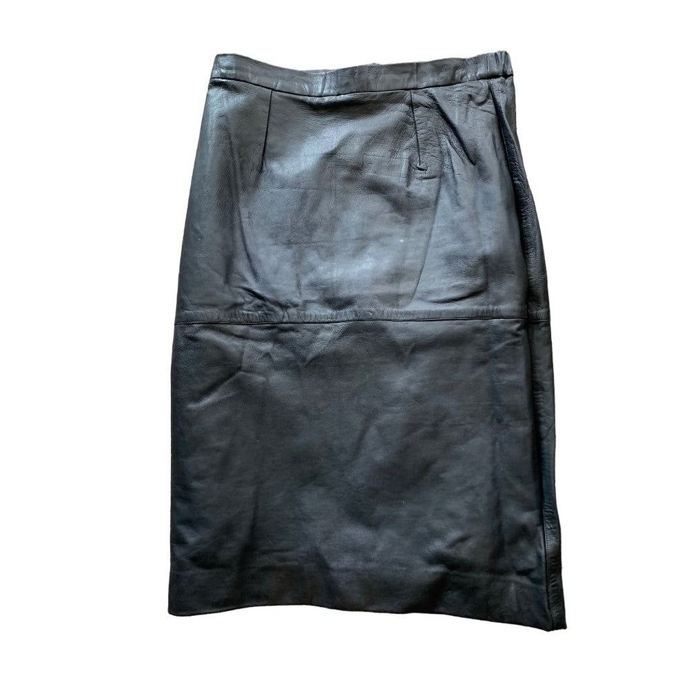 Small Judith Ann Creations Vintage 80s Black Leather Skirt Straight Knee Length
